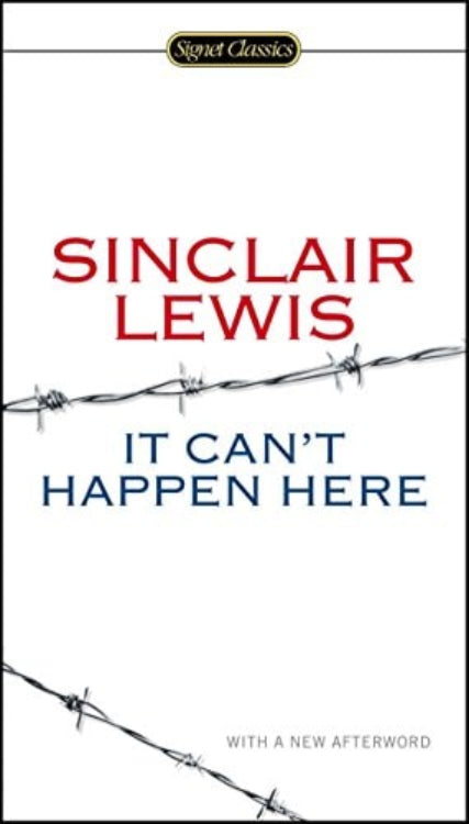 Book cover of 'It Can't Happen Here' by Sinclair Lewis with barbed wire design.