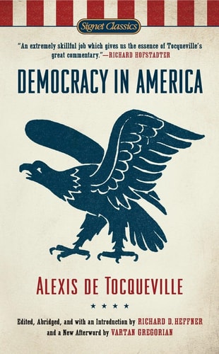 Book cover of 'Democracy in America' by Alexis de Tocqueville with an eagle illustration and red and white striped border.