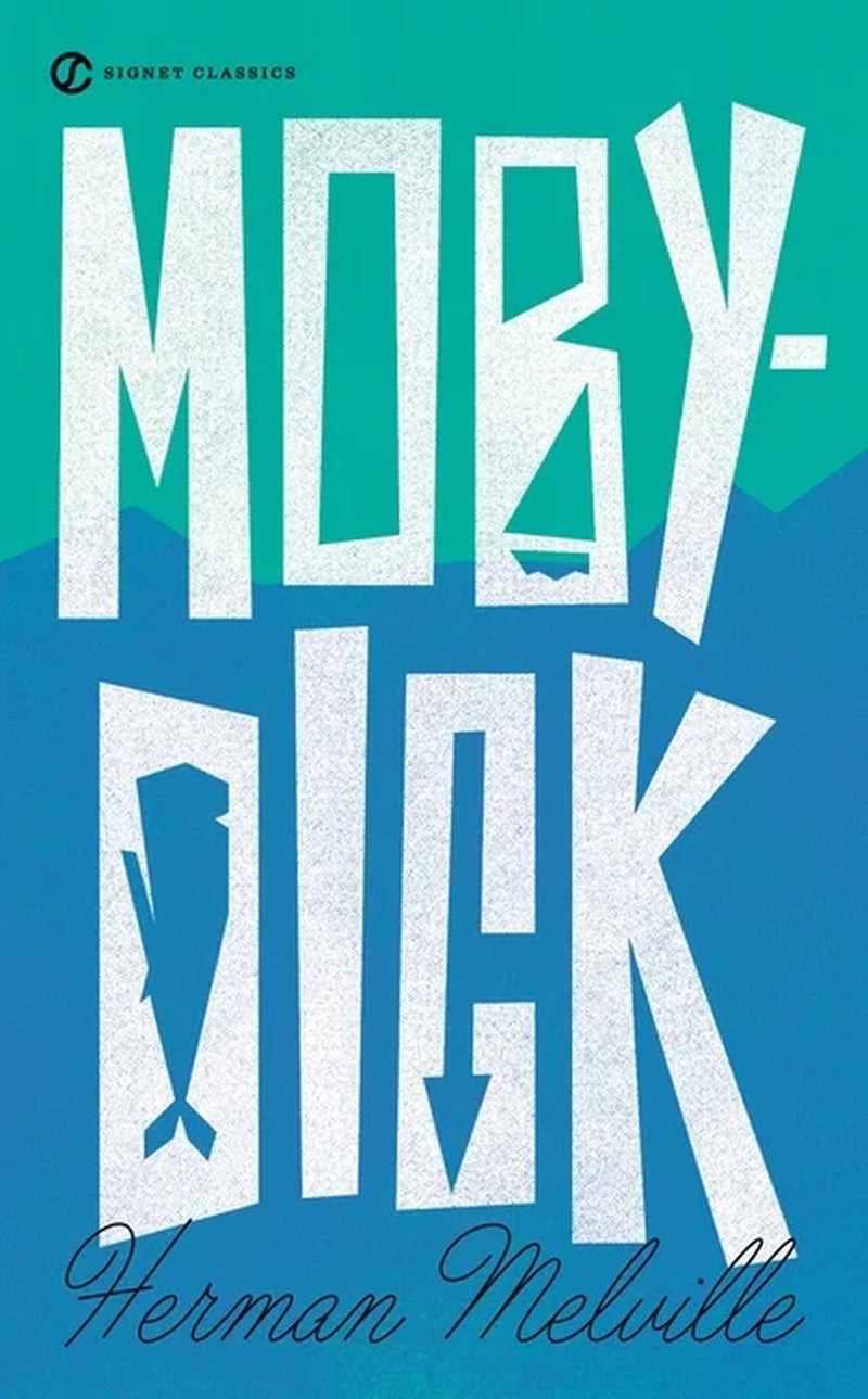 This image features the cover of the classic novel Moby-Dick by Herman Melville. The cover design, subtly striking and modern, uses a bold, monochrome color scheme with white and blue.