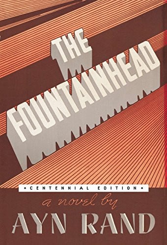 Book cover of 'The Fountainhead' by Ayn Rand with stylized text and color design.