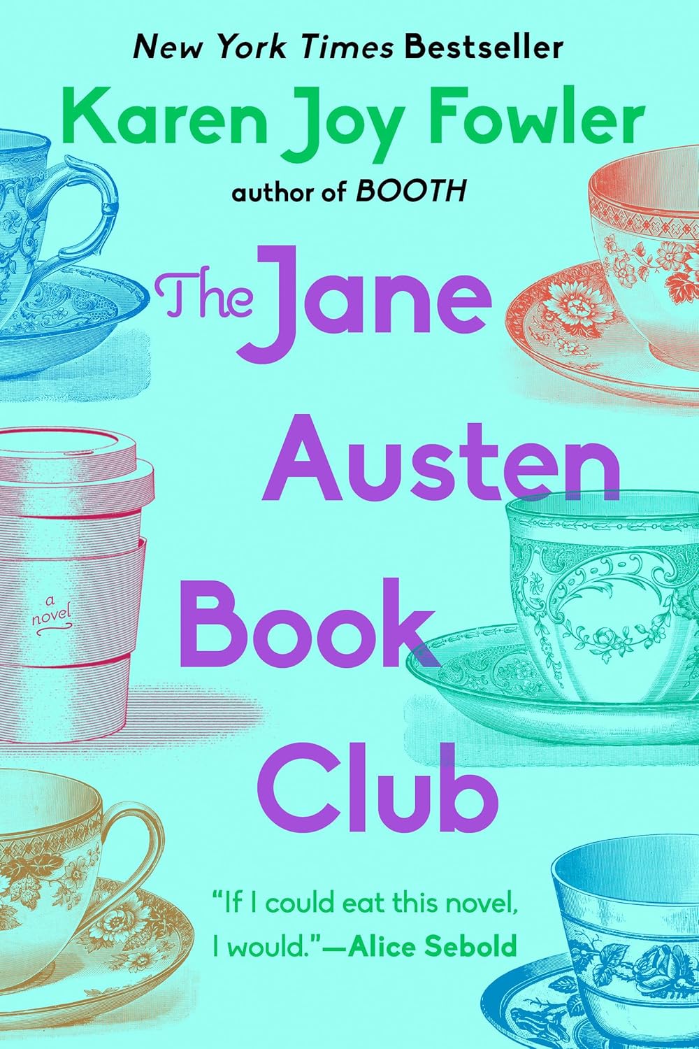 Book cover of 'The Jane Austen Book Club' with teacups and a teal background.