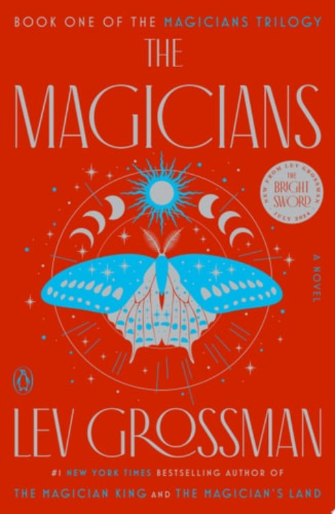 Book cover of 'The Magicians' by Lev Grossman with a red background and blue butterfly illustration.