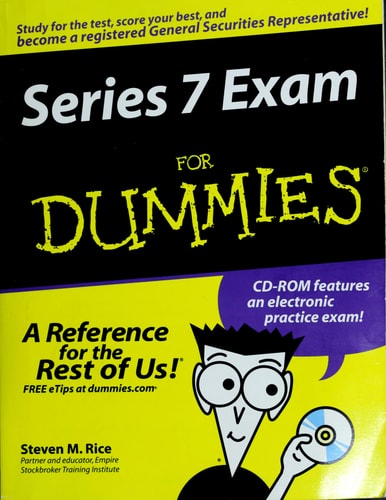 Book cover of 'Series 7 Exam For Dummies' with a cartoon character holding a CD-ROM.
