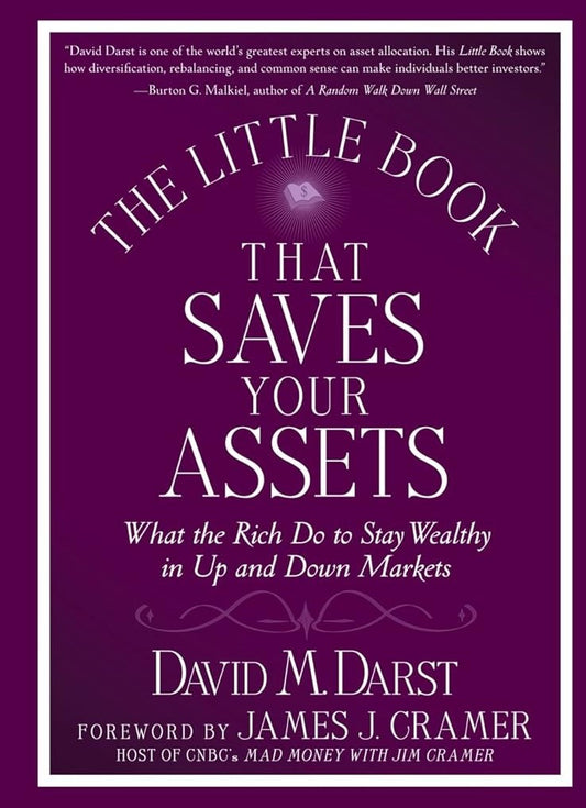 This image features the cover of the book titled "The Little Book That Saves Your Assets" by David M. Darst with a foreword by Jim Cramer.