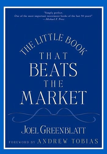 The cover of the book 'The Little Book That Beats the Market' by Joel Greenblatt, featuring a blue textured background with the title and author's name in large white and black fonts.