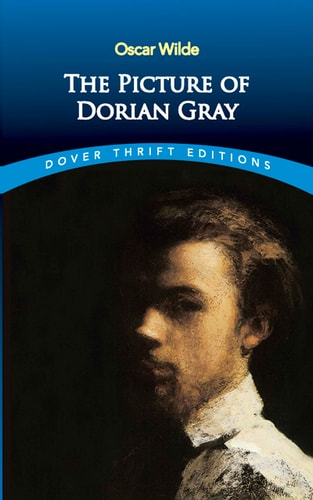 Book cover of 'The Picture of Dorian Gray' by Oscar Wilde with a portrait on a dark background.
