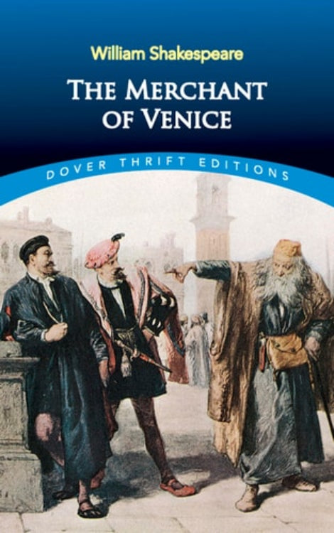 Cover of 'The Merchant of Venice' depicting characters from the play in period costumes.