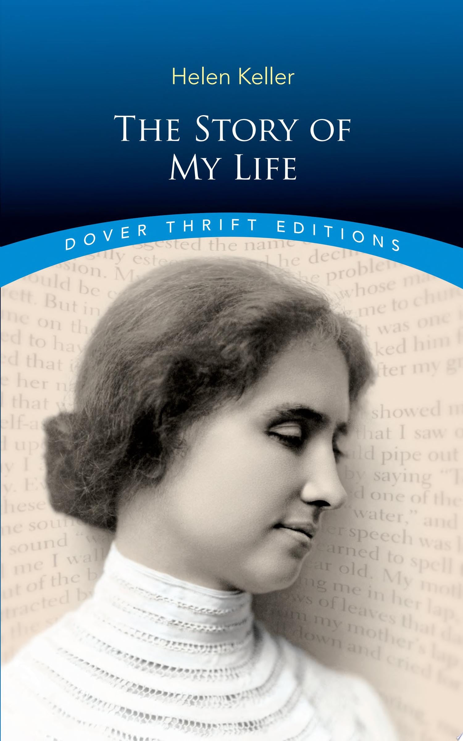 Book cover of 'The Story of My Life' by Helen Keller with a portrait of Helen Keller on a blue and beige background.