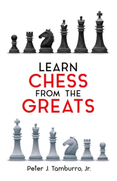 Book cover for 'Learn Chess from the Greats' featuring chess pieces arranged in a pattern with the title text in red.