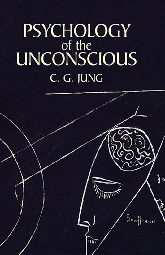 Book front cover of "Psychology of the Unconscious' by Carl Jung, featuring a hand drawn sketch on the front cover of the book.