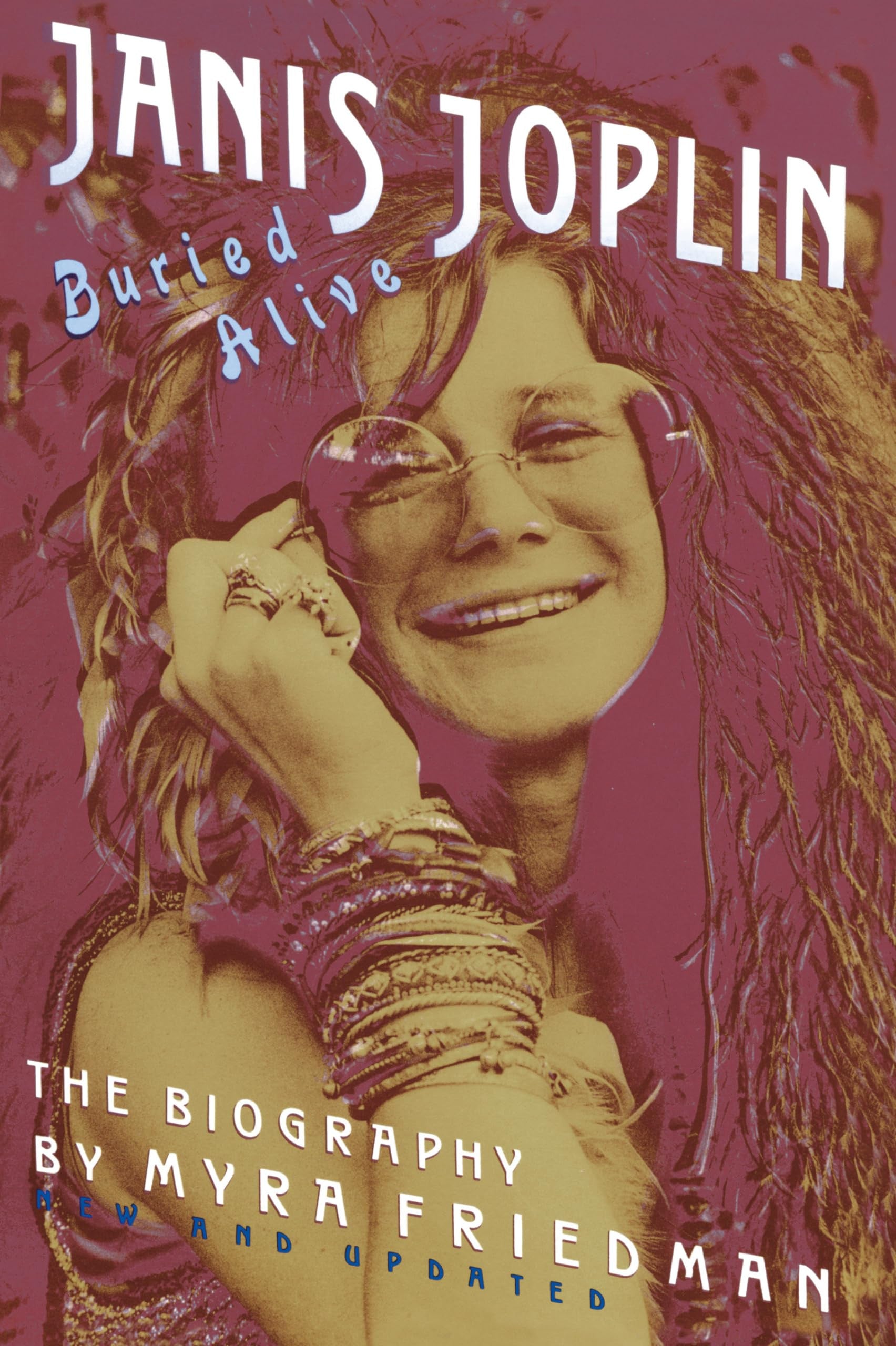 Book cover of 'Buried Alive: The Biography of Janis Joplin' by Myra Friedman, with a stylized portrait of Janis Joplin on a purple background.