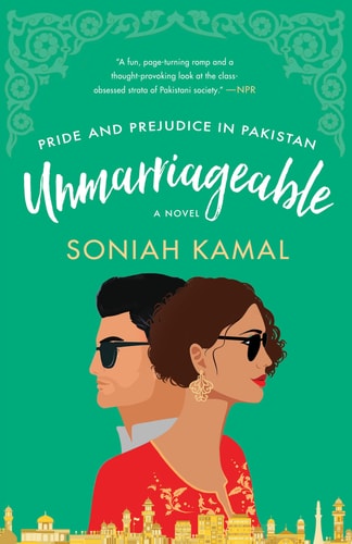 Book cover of 'Unmarriageable' by Soniah Kamal with a green background and illustrations of a man and woman.