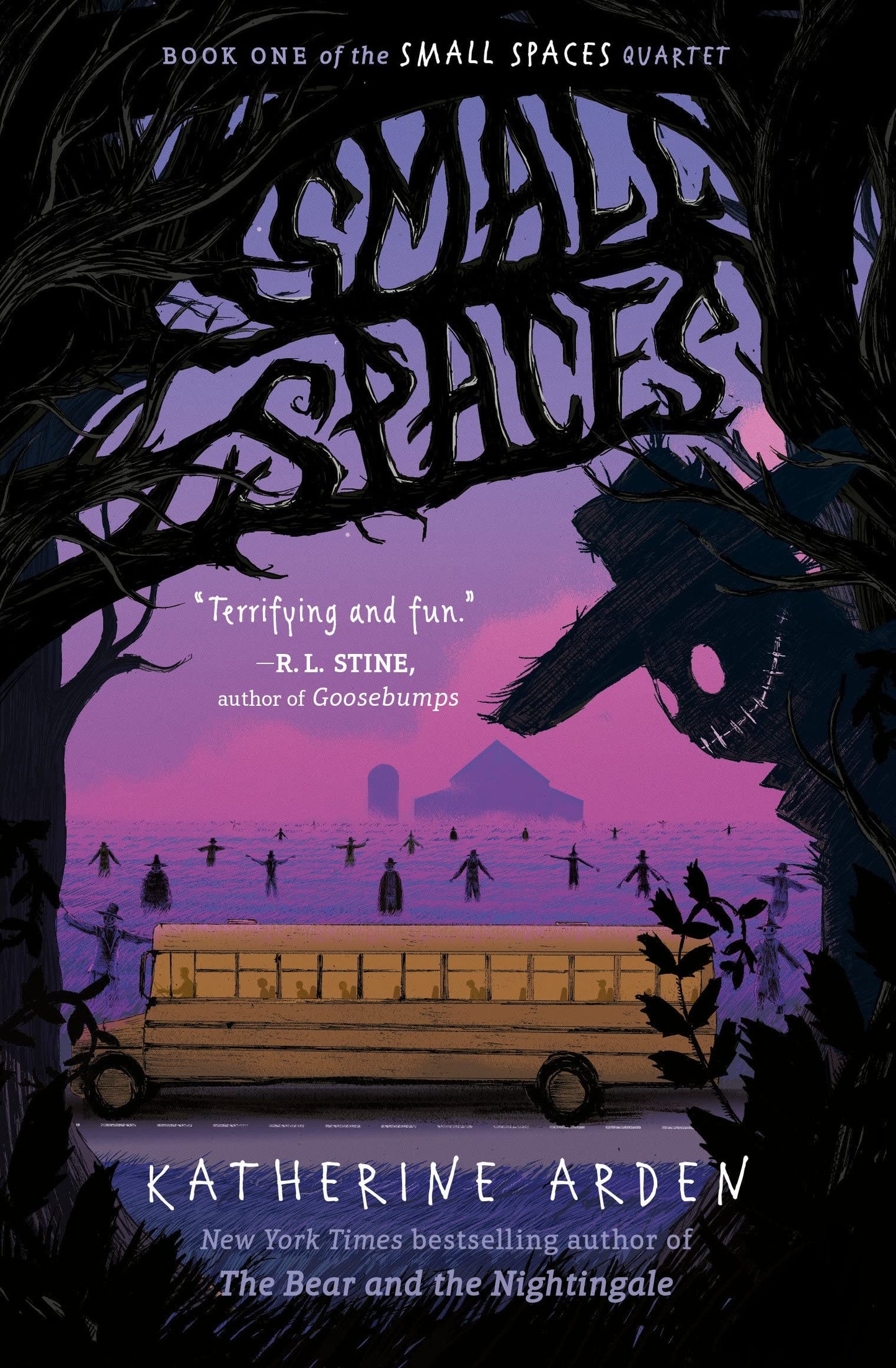 Book cover of 'Small Spaces' by Katherine Arden with a purple sky and school bus silhouette.