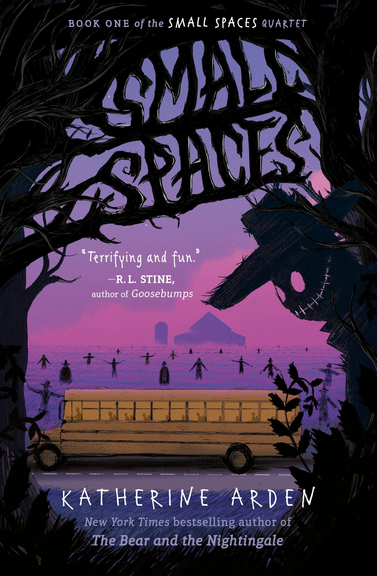 Book cover of 'Small Spaces' by Katherine Arden with a purple sky and school bus silhouette.