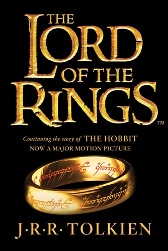 Book cover of 'The Lord of the Rings' by J.R.R. Tolkien with a gold ring on a black background.