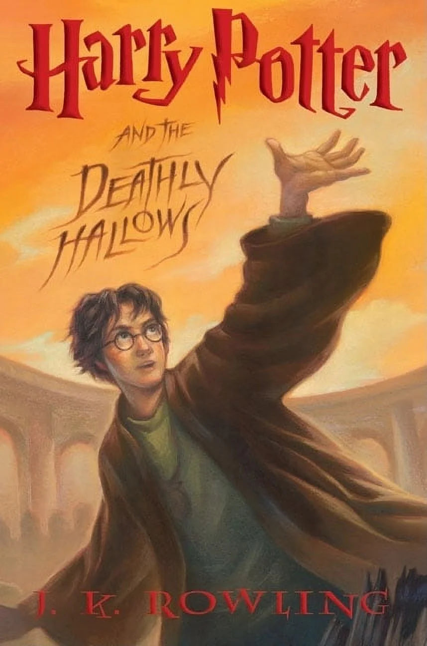 Cover of 'Harry Potter and the Deathly Hallows' featuring an illustration of Harry Potter extending his arm with a background of a hall with stone arches.