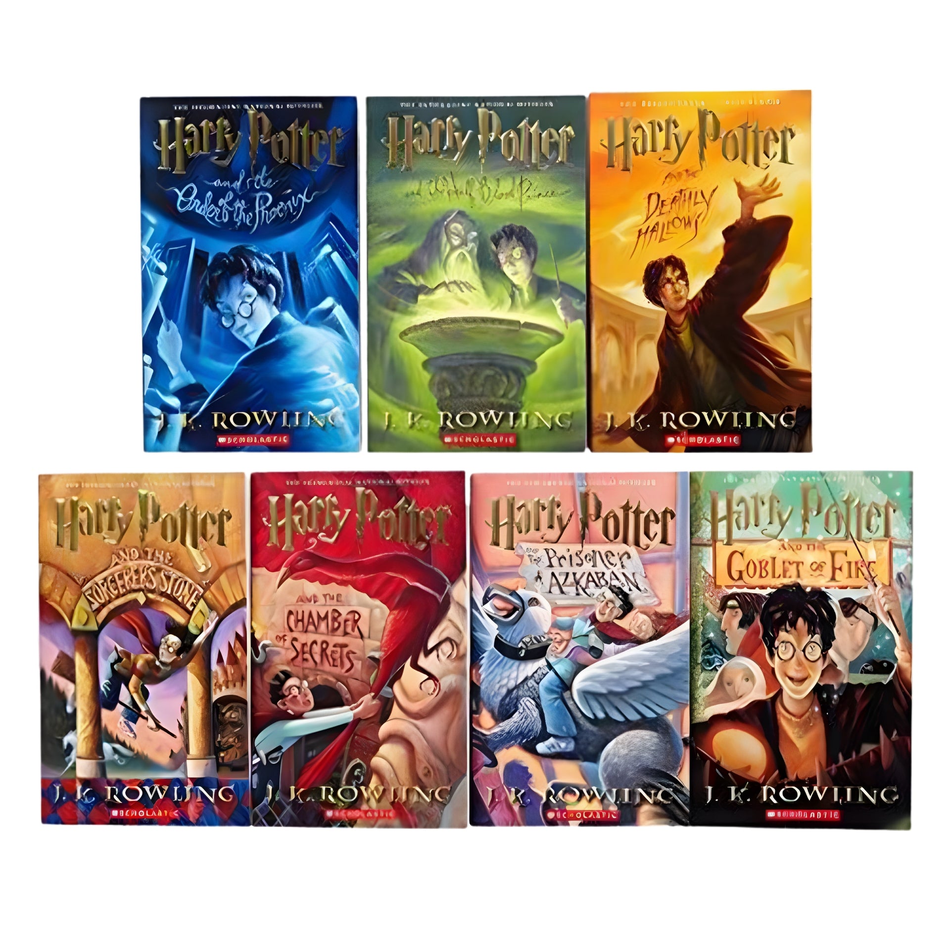 Set of seven 'Harry Potter' books with colorful covers on a white background