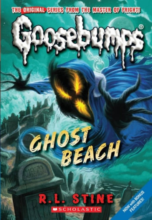 Cover of 'Ghost Beach' from the Goosebumps series, featuring a spooky illustration of a ghostly figure by a beach at night.
