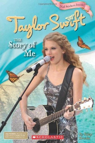 Cover of the book 'Taylor Swift: The Story of Me' featuring a Taylor Swift around Butterflies and Swifties with a guitar on stage.
