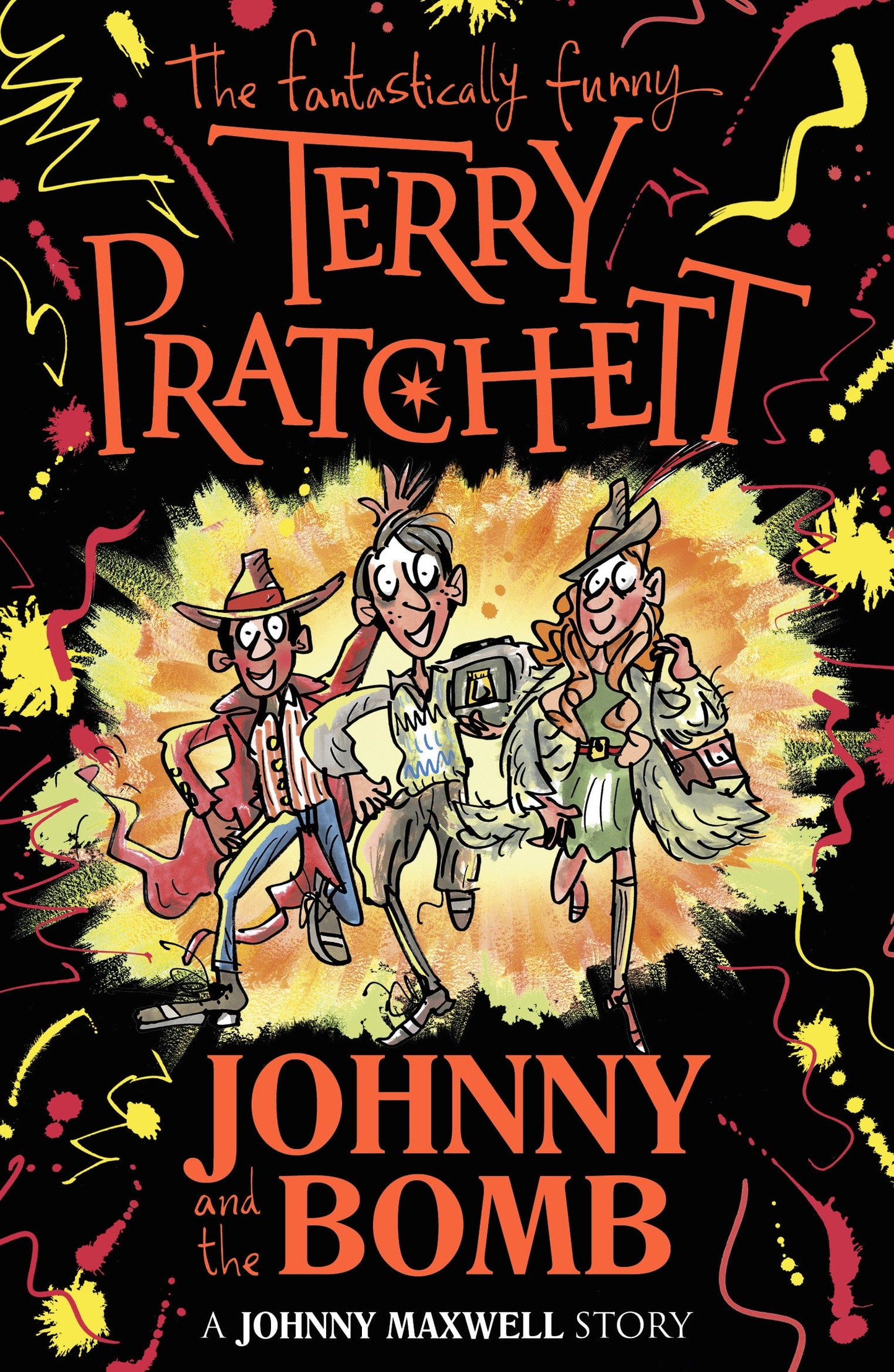 Book cover of 'Johnny and the Bomb' by Terry Pratchett featuring illustrations of three cartoon characters, Johnny, Graham, and Robert, with a backdrop of a bomb explosion.