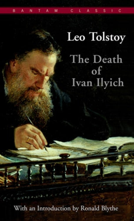 Cover of 'The Death of Ivan Ilyich' by Leo Tolstoy, featuring an image of Leo Tolstoy with a beard, writing at a desk.