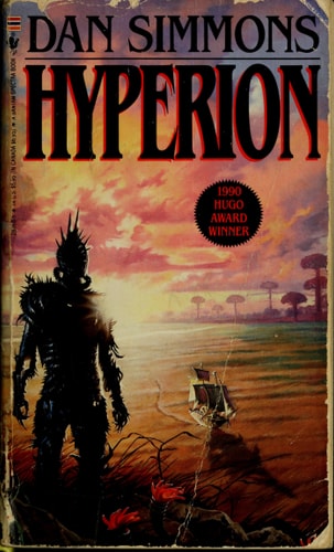 Book cover of 'Hyperion' by Dan Simmons with a silhouette of a figure and landscape.