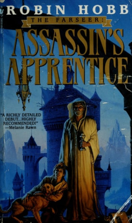 Book cover of 'Assassin's Apprentice' by Robin Hobb with a fantasy scene and character illustration.