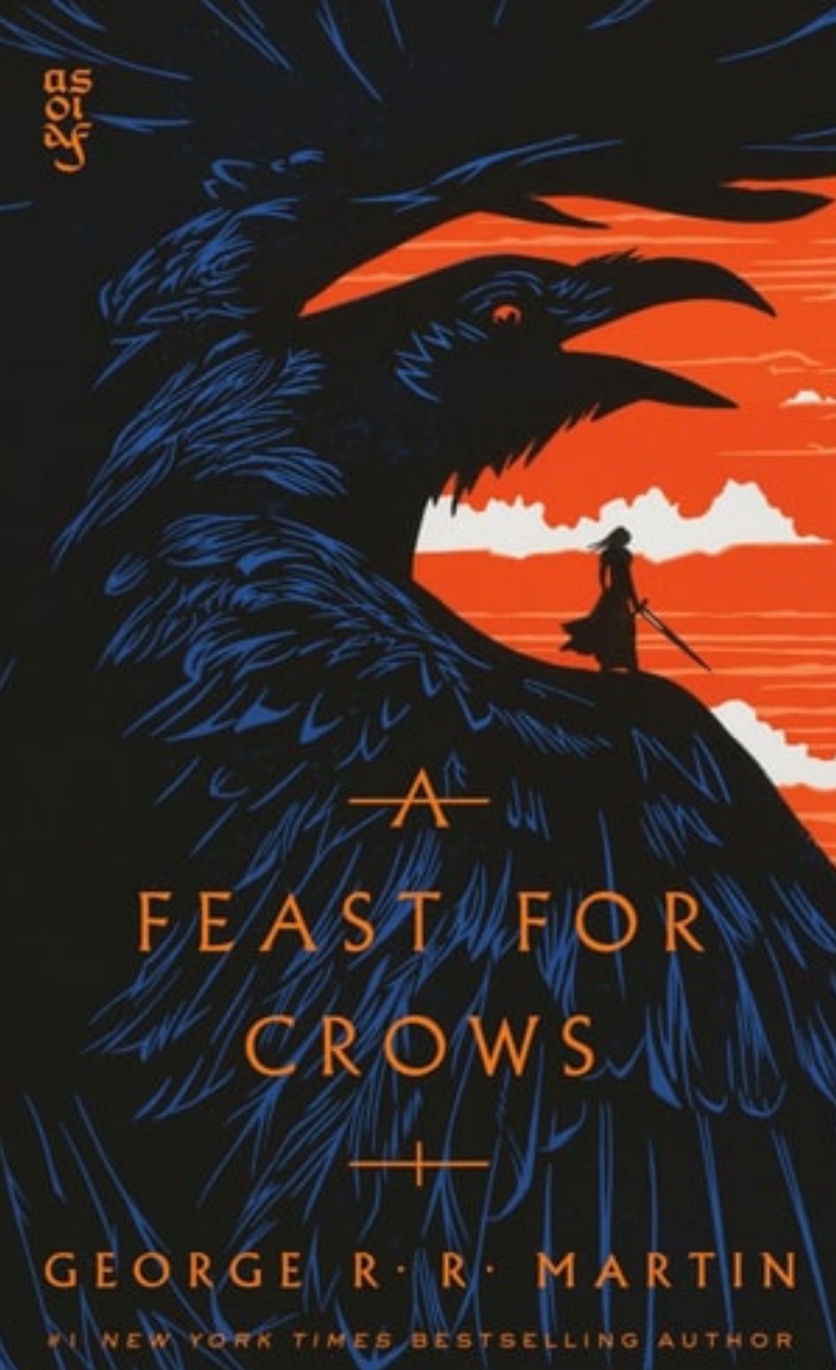 Book cover of 'A Feast for Crows' by George R.R. Martin with a silhouette of a crow and a person on a mountain.
