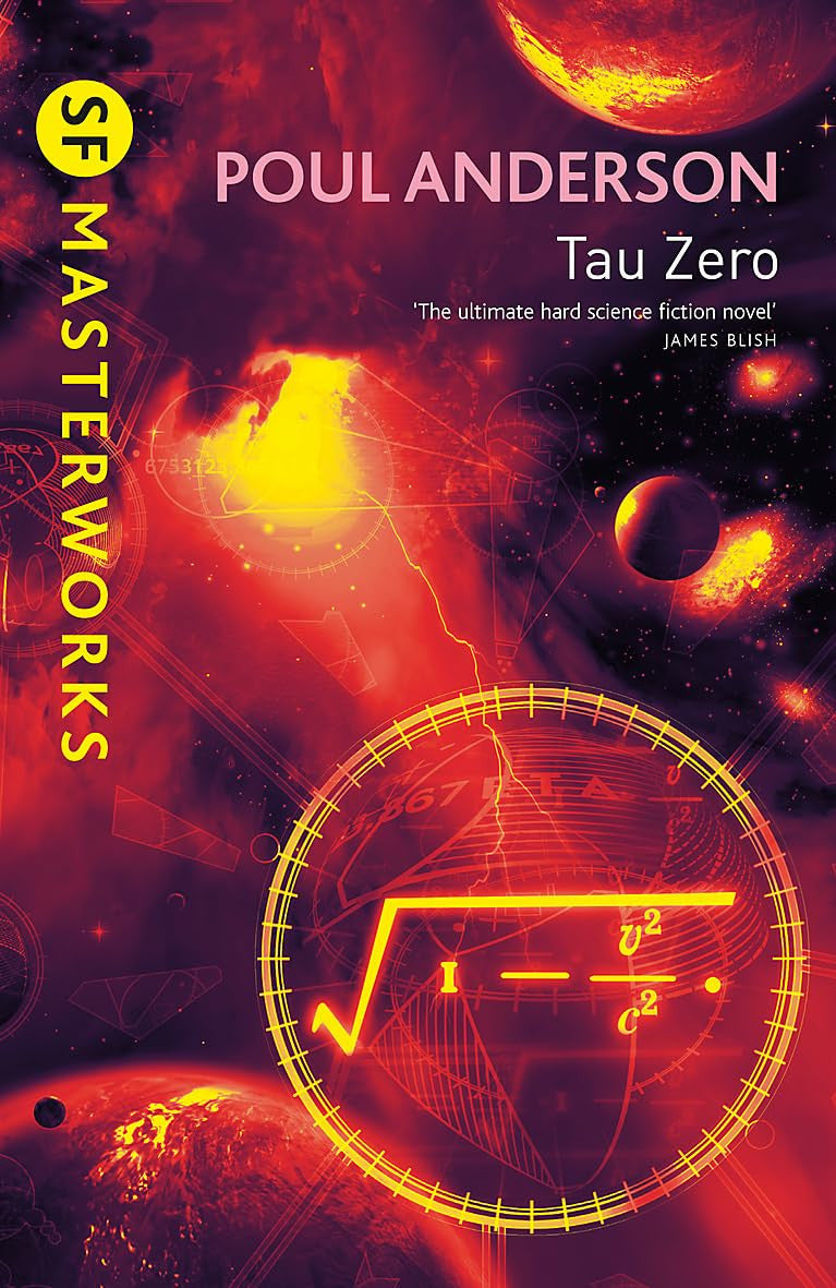 Book cover of 'Tau Zero' by Poul Anderson with space-themed design and mathematical symbols.