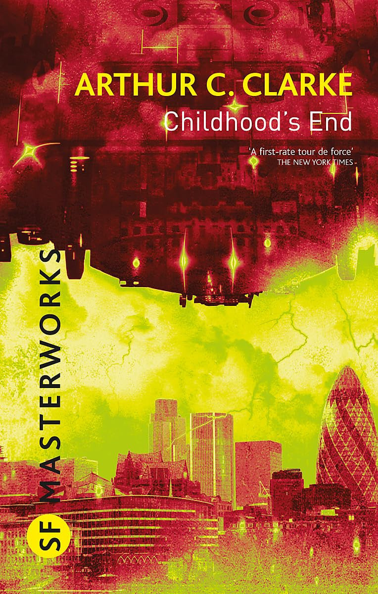 Book cover of 'Childhood's End' by Arthur C. Clarke with futuristic cityscape design.