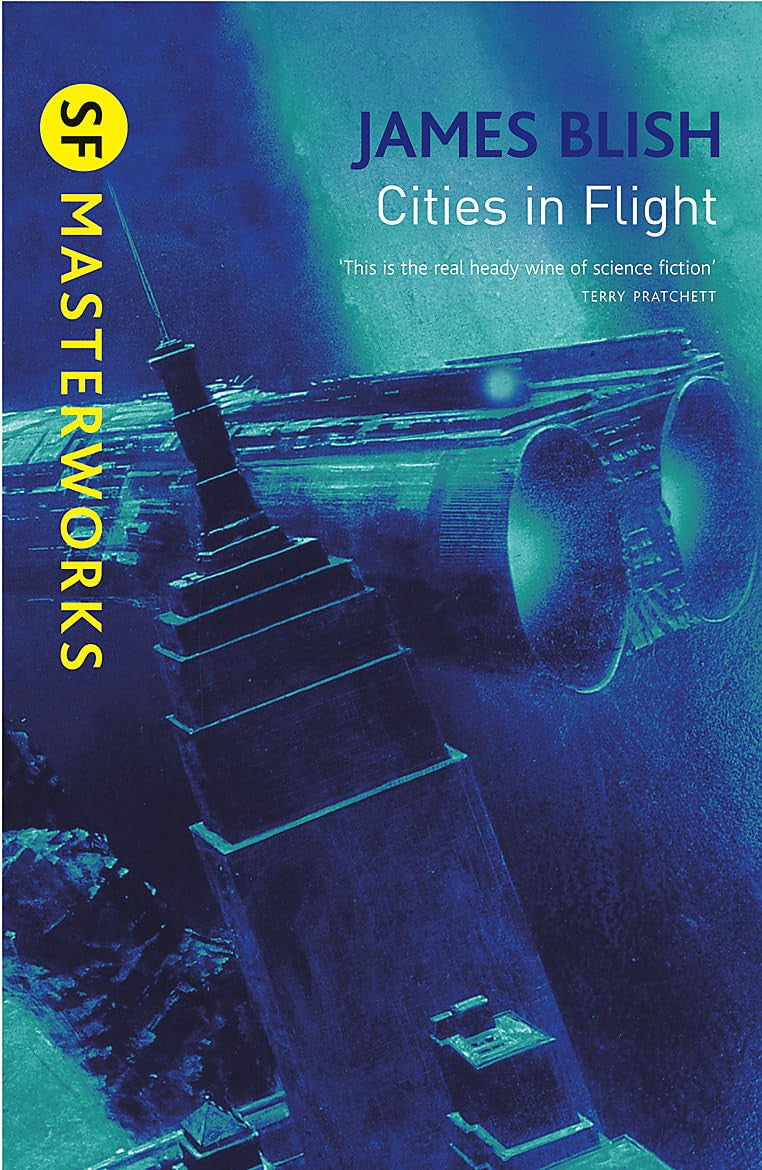 Book cover of 'Cities in Flight' by James Blish featuring a futuristic cityscape.