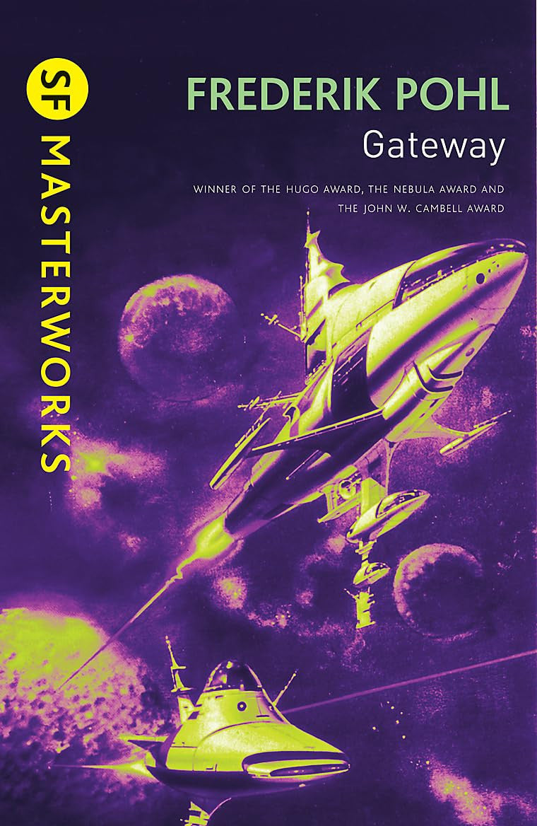 Book cover of 'Gateway' by Frederik Pohl featuring space ships and planets on a purple background.