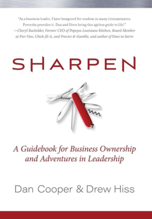 The cover of the book 'Sharpen: A Guidebook for Business Ownership and Adventures in Leadership' by Dan Cooper & Drew Hiss, featuring a pen and paper design.