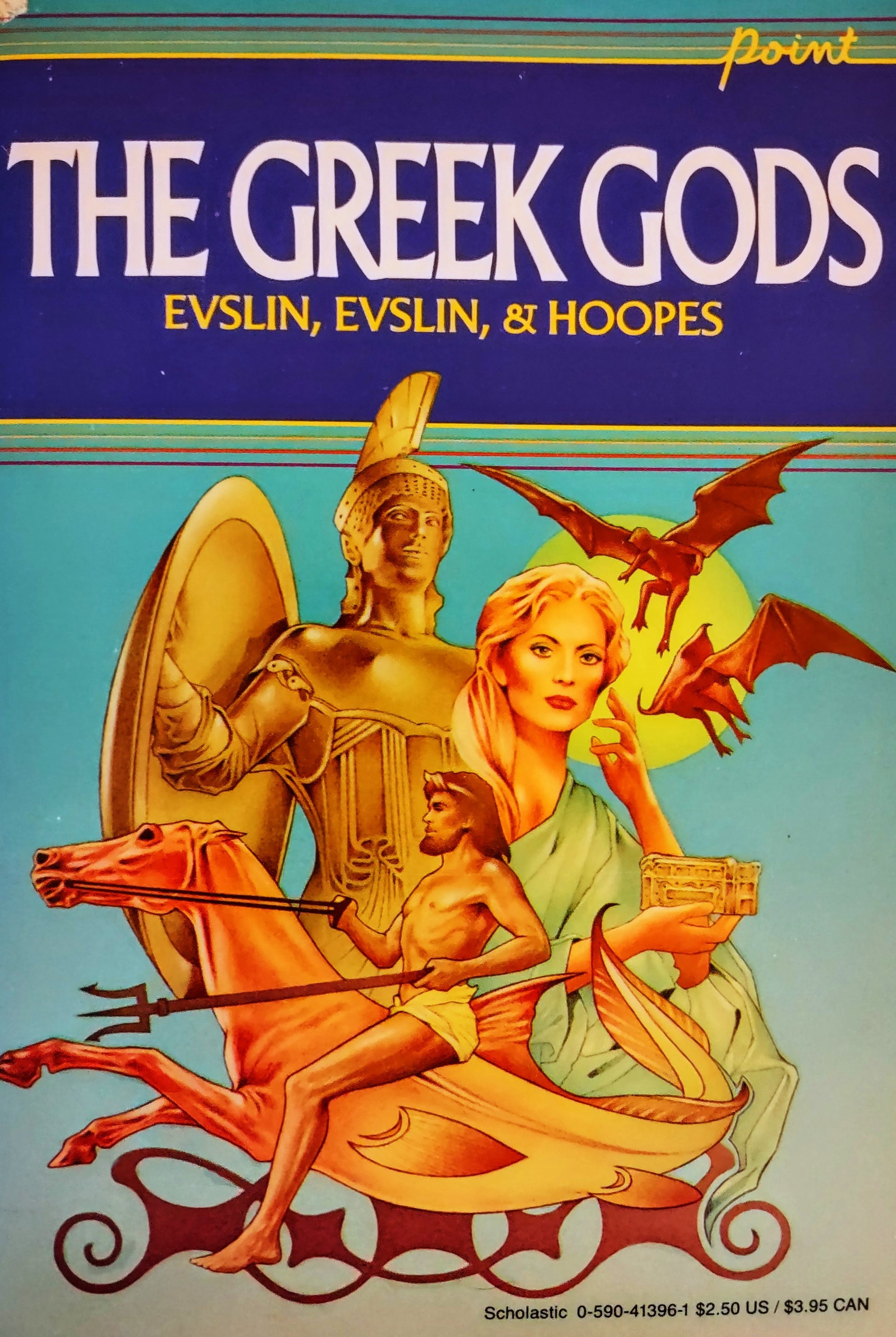 Book cover of 'The Greek Gods' featuring classical illustrations and text.