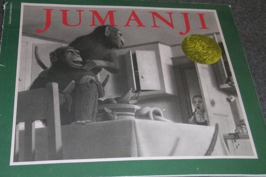 Cover of the book 'Jumanji' featuring an illustration of a child playing with a board game of the same name, with a focus on a toy monkey.
