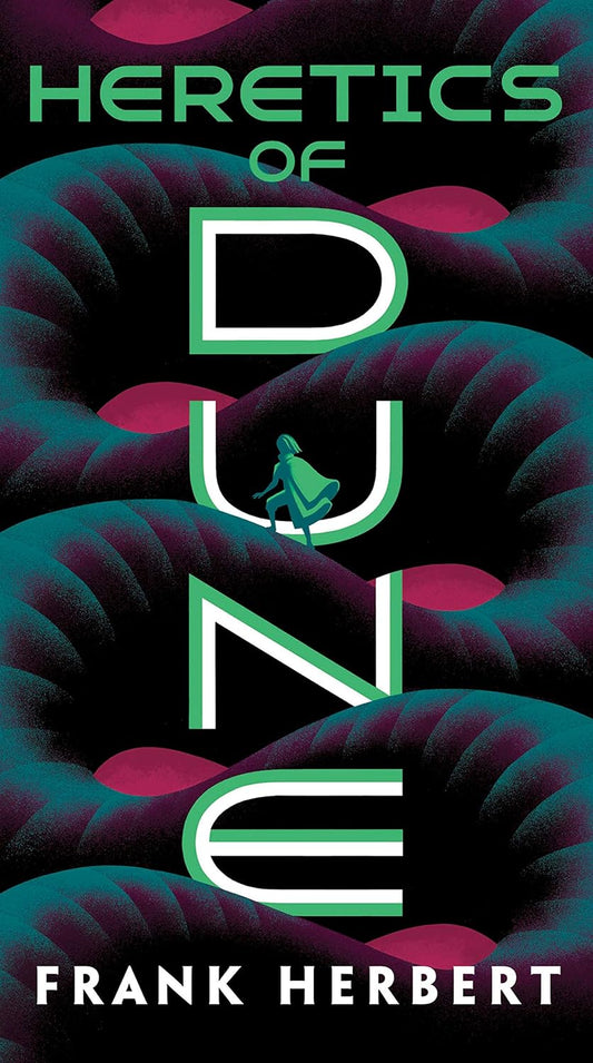This image features the cover of "Heresics of Dune" by Frank Herbert, the fifth book in The Dune Chronicles series. The cover depicts a haunting and vivid illustration of a dark, stormy landscape with a prominent title in stylized green and purple text.