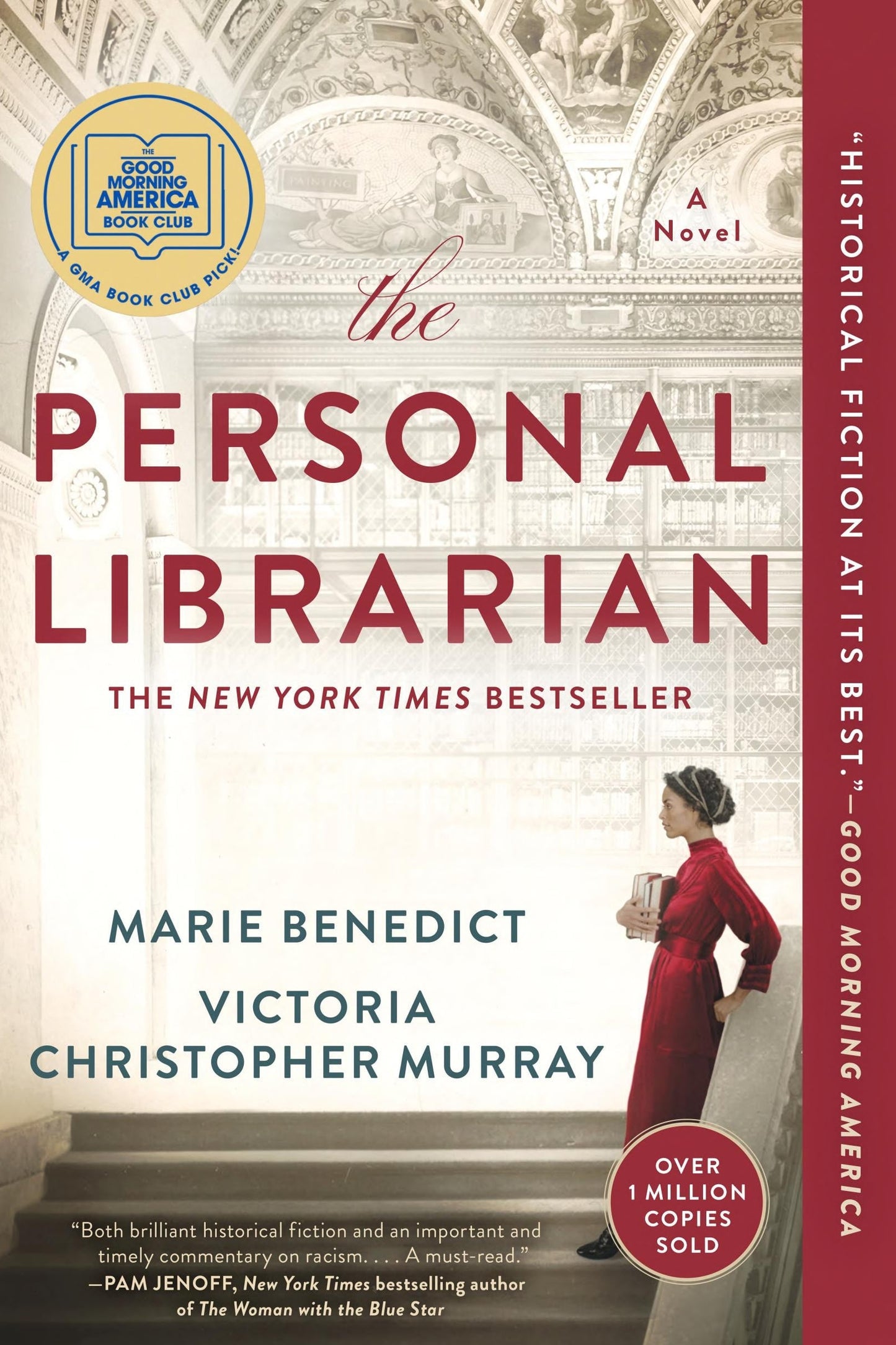 Book cover of 'The Personal Librarian' with a woman in a red dress and architectural design.