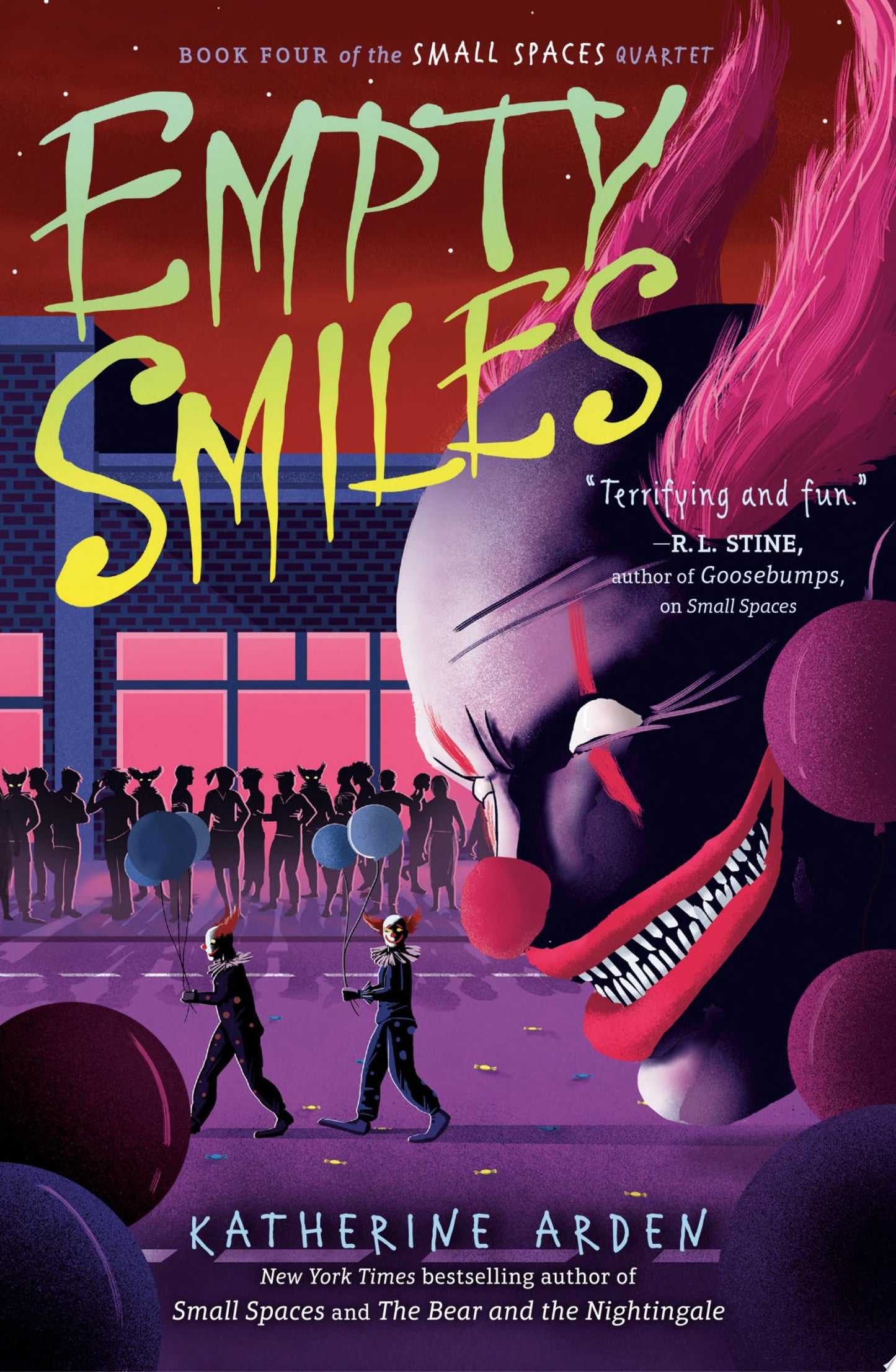 Book cover of 'Empty Smiles' by Katherine Arden with a clown and people in the background.
