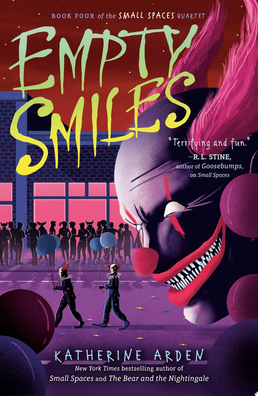 Book cover of 'Empty Smiles' by Katherine Arden with a clown and people in the background.