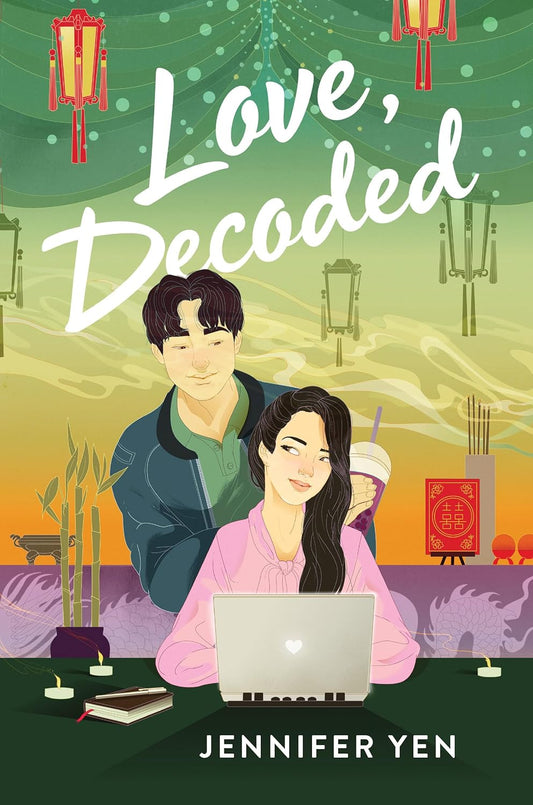 Book cover of 'Love, Decoded' by Jennifer Yen featuring two people at a computer with a festive background.
