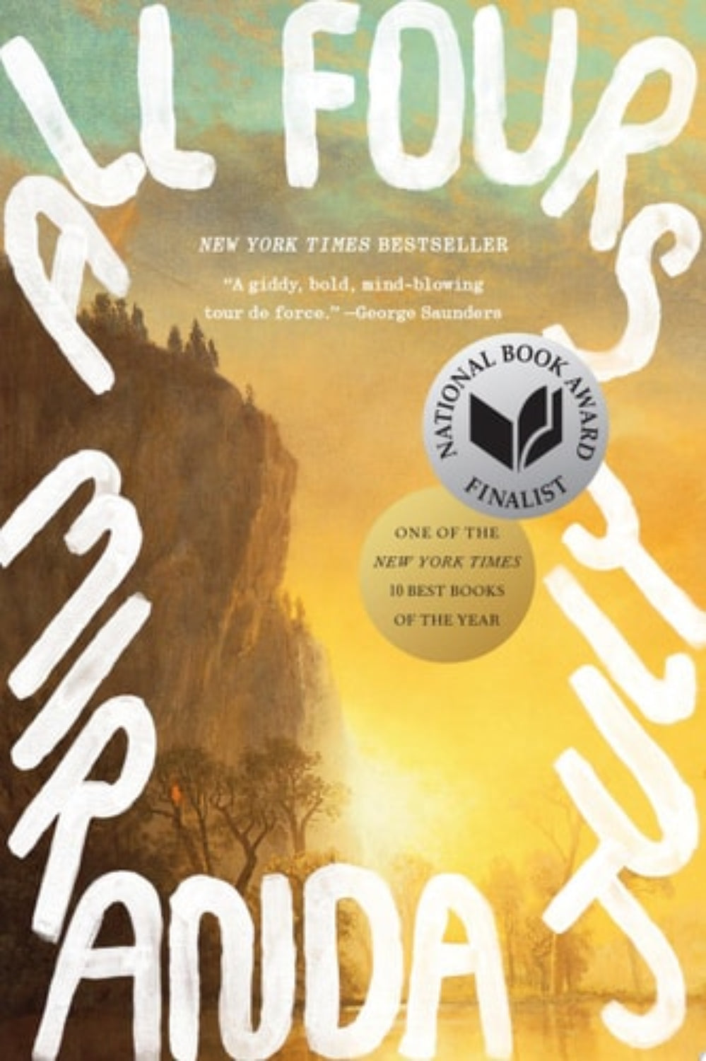 Book cover of "All Fours: A Novel" by Miranda July with a mountain and tree design, featuring the National Book Award Finalist badge.