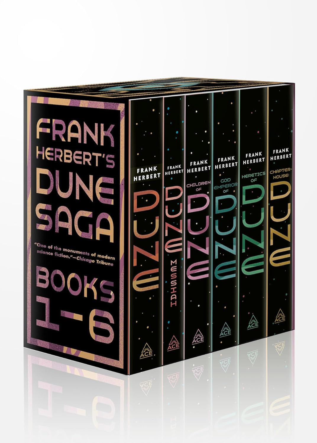 A boxed set of the first six novels in Frank Herbert's Dune Saga, featuring books with hardcover bindings and a black background with author and book title text in white and gold.