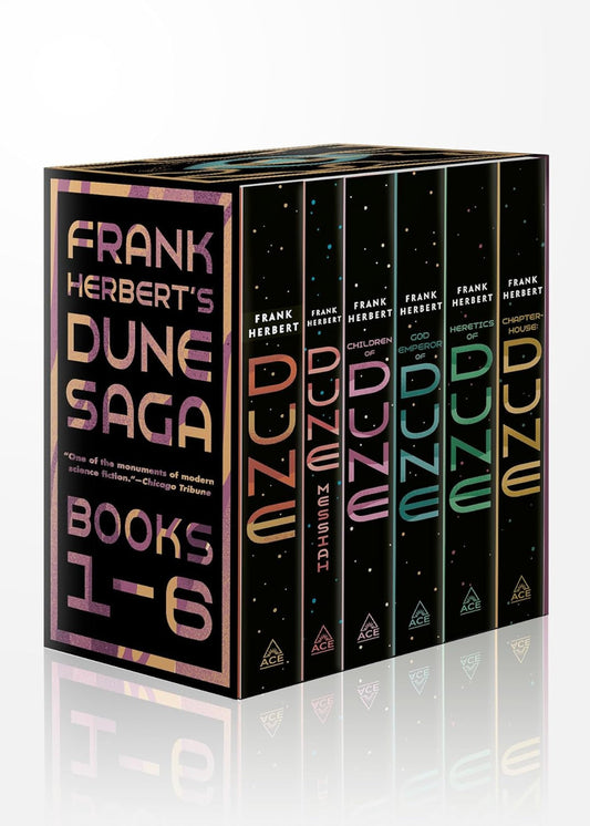 A boxed set of the first six novels in Frank Herbert's Dune Saga, featuring books with hardcover bindings and a black background with author and book title text in white and gold.