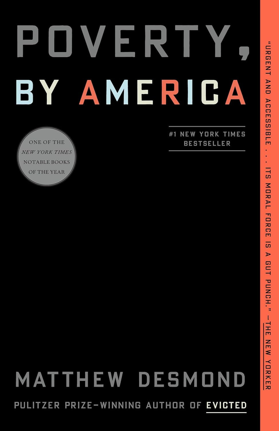 Book cover of 'Poverty, By America [ISBN: 9780593239933]' by Matthew Desmond, featuring black, red and silver design with book details and accolades.