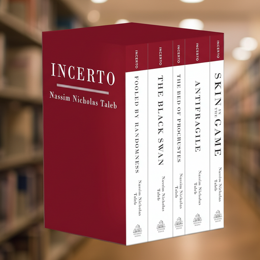 Set of books titled 'Incerto' and 'Skin in the Game' against a blurred library background