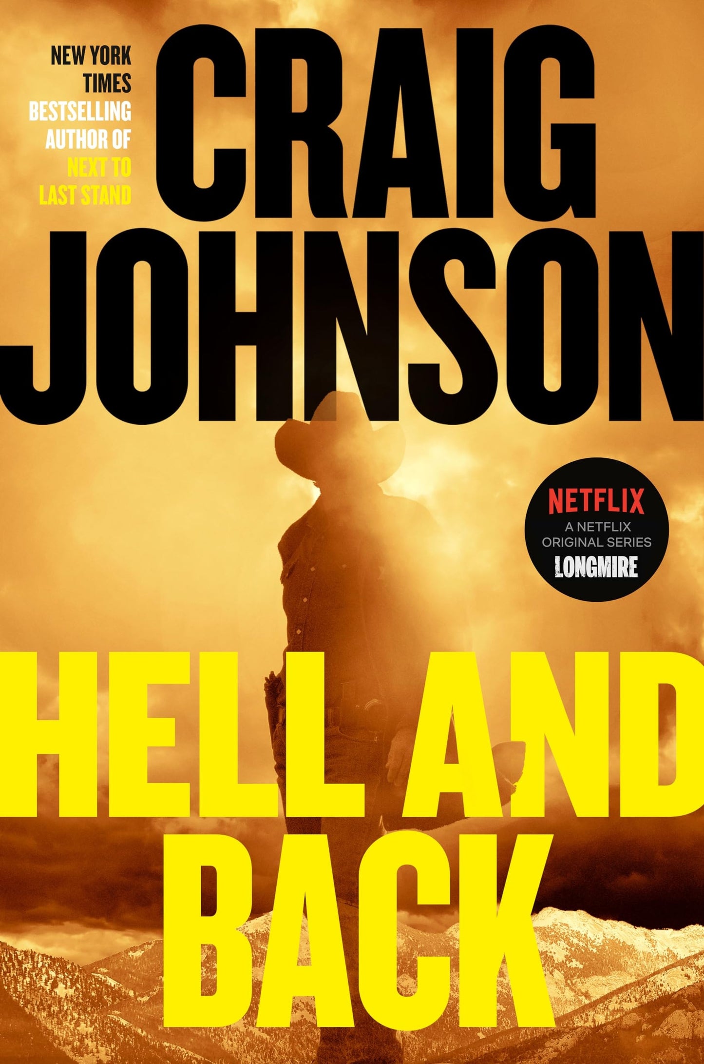 Book cover of 'Hell and Back' by Craig Johnson with a silhouette and sunset background.