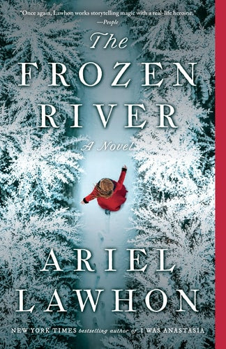 Book cover of 'The Frozen River' by Ariel Lawhon with a person in a red coat walking on a frozen river.