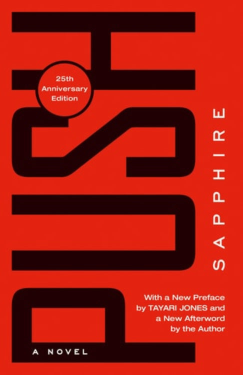 Cover of the book 'Push: A Novel' by Sapphire with a red background and white text, indicating it's a 25th Anniversary Edition.