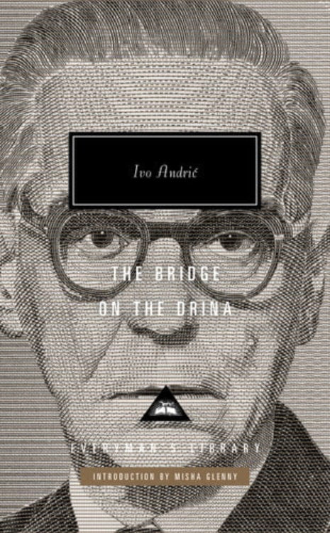 Book cover of 'The Bridge on the Drina' featuring a monochrome photograph of a man with text overlay and a decorative border.