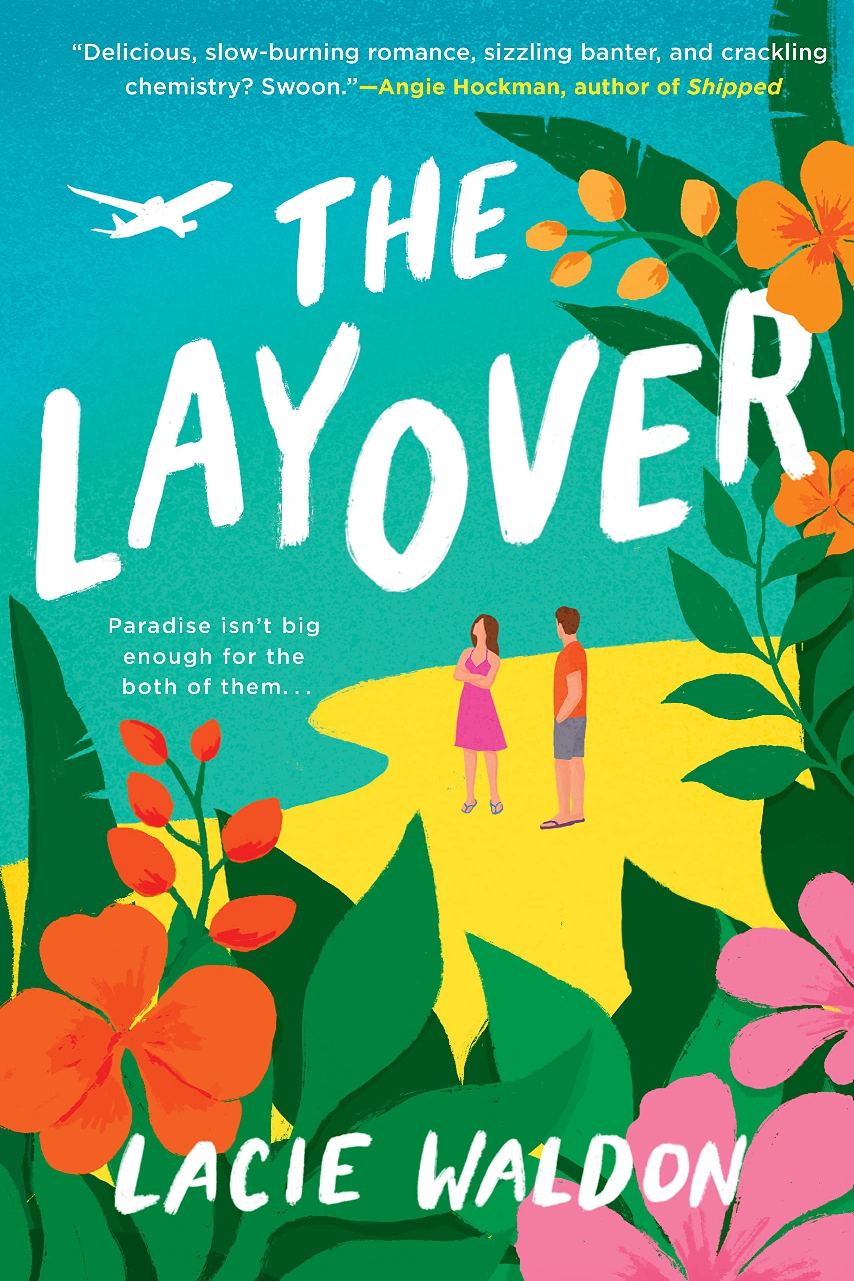 Book cover of 'The Layover' with tropical design and airplane
